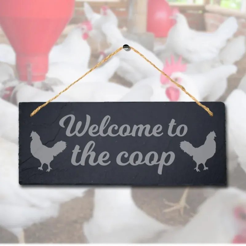 Welcome To Coop Laser Inscribed Hanging Slate Chick Chicken Shed Plaque Sign
