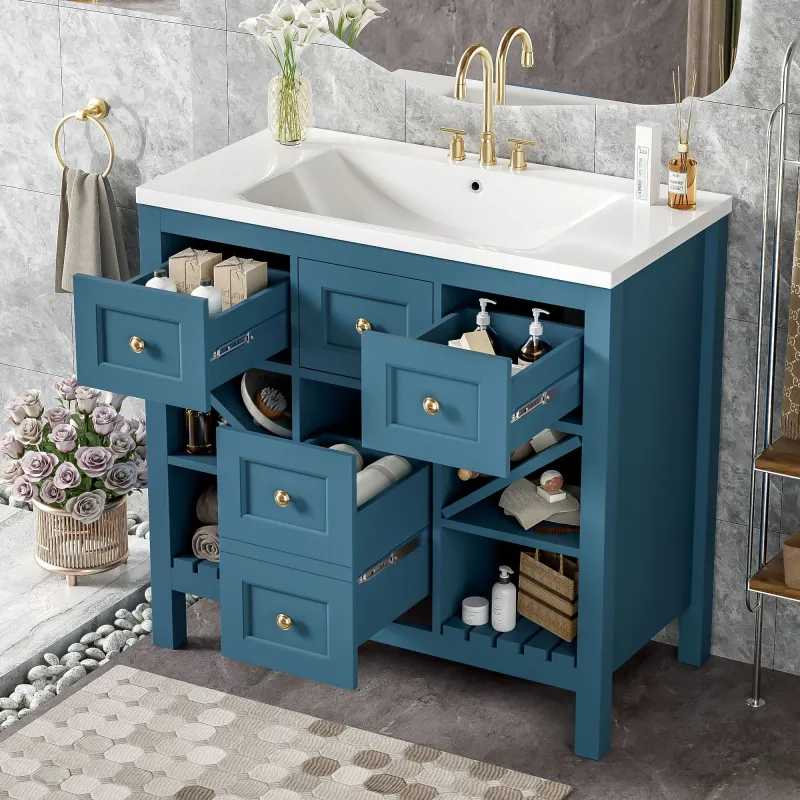 Bathroom Vanity Resin Sink Combo, Freestanding Vanity Adjust 5 Drawers