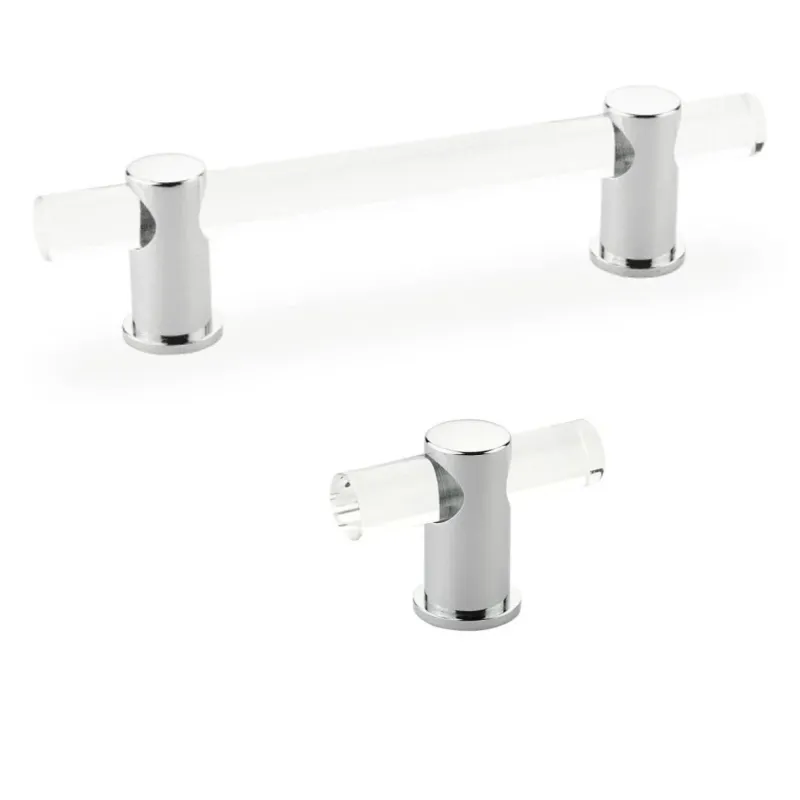 Lucite and Smooth Chrome "Gleam" Cabinet Knobs and Drawer Pulls