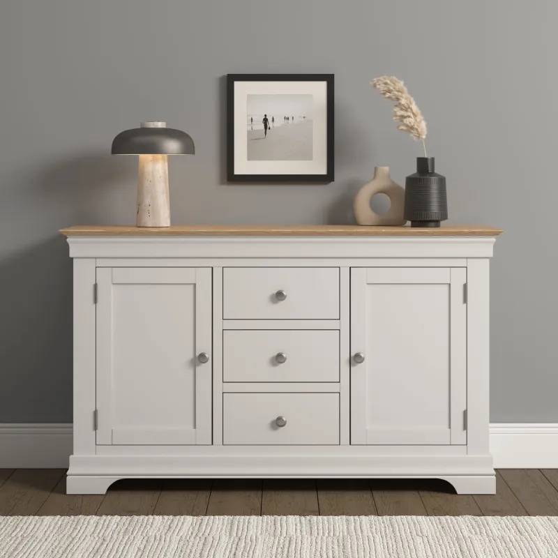 Soft-Close Bordeaux 2 Door 3 Drawer Sideboard Ivory/Oak or Pebble Grey/Oak
