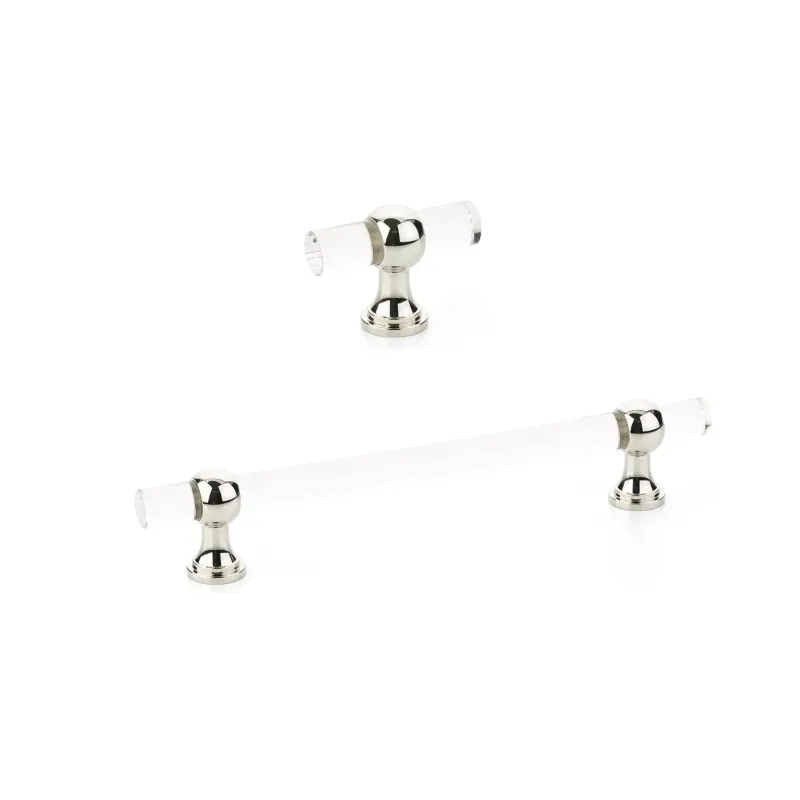 Soft-Close Dampened Lucite and Shiny Nickel "Gleam" Cabinet Knobs and Drawer Pulls