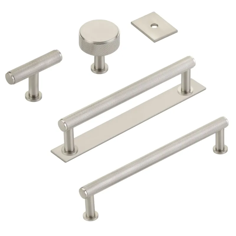 Brushed Nickel "Maison" Knurled Drawer Pulls and Cabinet Knobs Extra Backplate Blum