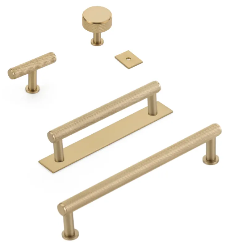 Champagne Bronze "Maison" Knurled Drawer Pulls and Cabinet Knobs Add-on Backplate Blum