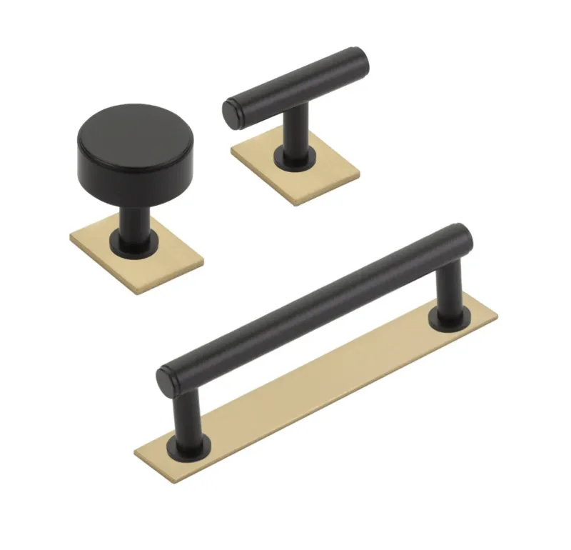 Concealed Mount Dual Finish "Maison No. 2" Smooth Champagne Bronze and Flat Black Drawer Pulls and Cabinet Knobs Backplate