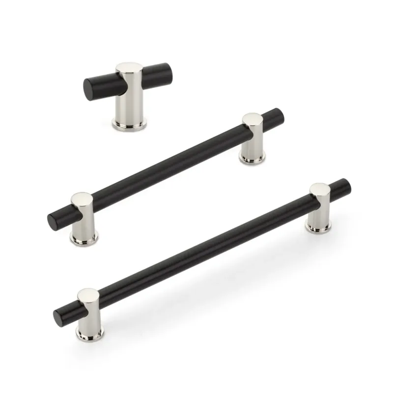 Matte Black and Shiny Nickel "Fancy" Round T-Bar Cabinet Knobs and Drawer Pulls - Complete Hardware Kit