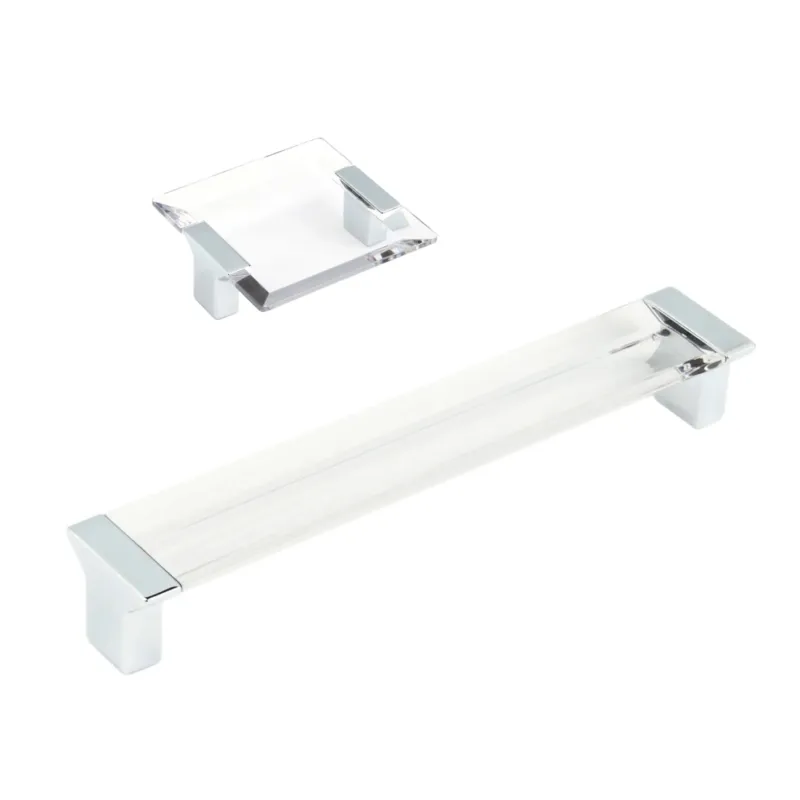 Polished Shiny metal "Ponce" Clear Lucite Cabinet Knob and Drawer Pulls