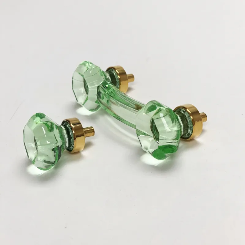 Unlacquered Reflective Brass and Green Glass Cabinet Knob and Drawer Pull