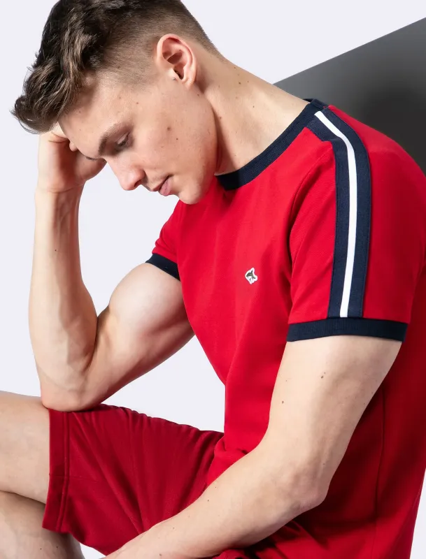 Parkhill Cotton Pique T-Shirt Racer Tape Panel Detail Scarlet Sage - Le Shark