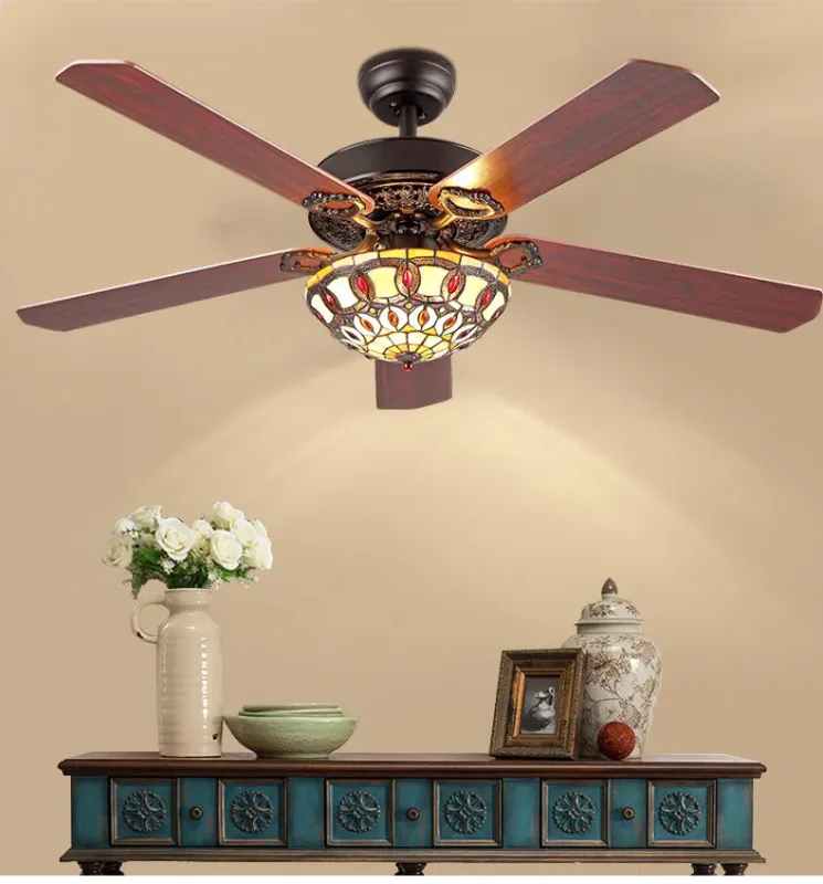 Afralia™ 52-inch Tiffany Ceiling Fan Buoyant Remote Control and Wood Leaf Design