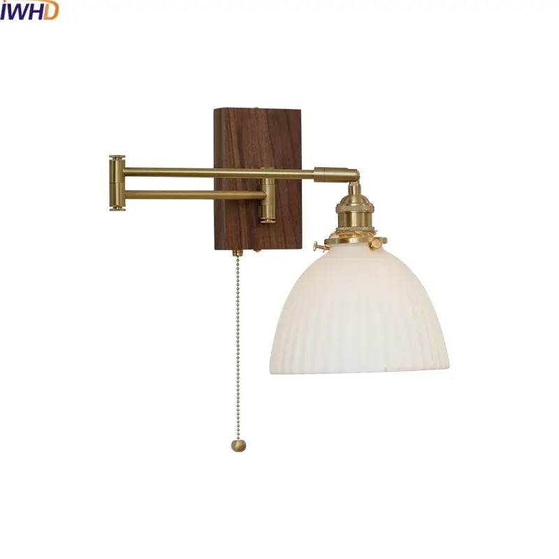 Afralia™ Earthenware Walnut LED Wall Lights Modern Bedroom Living Room, Pull Chain Switch