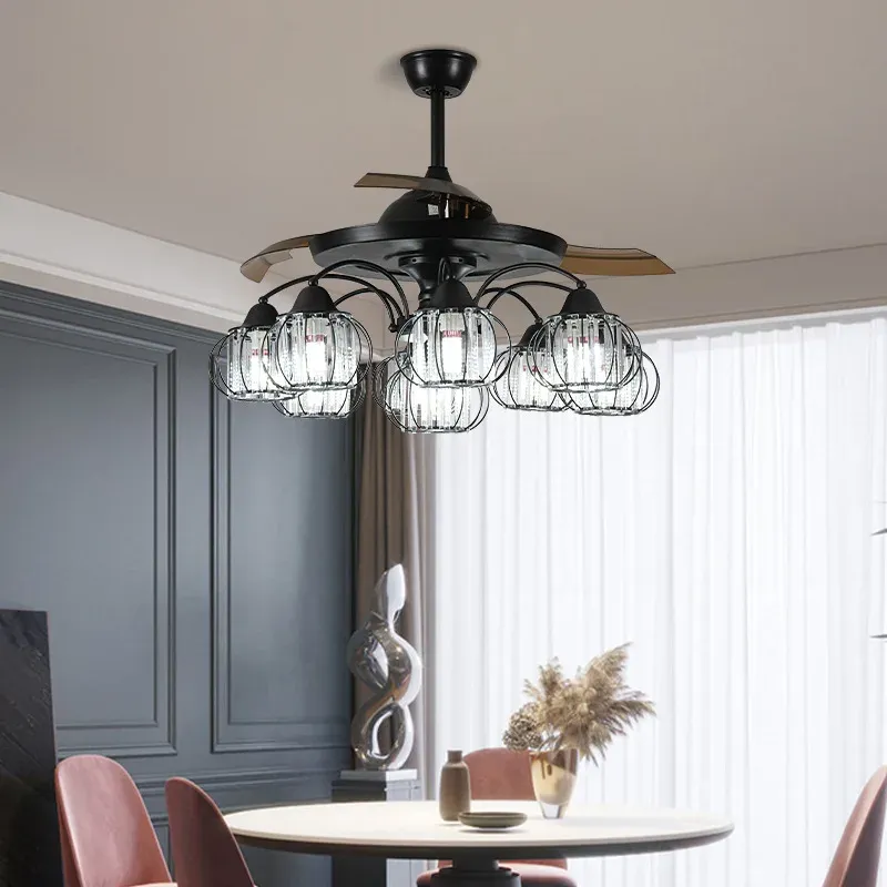 Afralia™ Jet-black Crystal LED Ceiling Fan Chandelier, 6/9 Heads, Remote Control, Reverse Motor