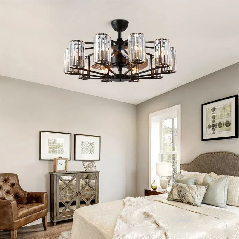 Afralia™ Modern Luxurious Crystal Chandelier Ceiling Fan Remote Control Dining Living Room