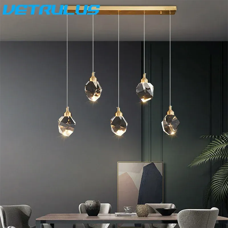 Afralia™ Diamond Crystal LED Chandelier, Brass Ceiling Pendant Buoyant Dining Room | Dimmable | Frosted