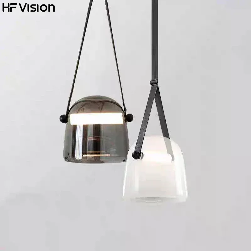 Afralia™ Glass Lustre LED Chandelier Leather Strips Ceiling Lamp Entryways