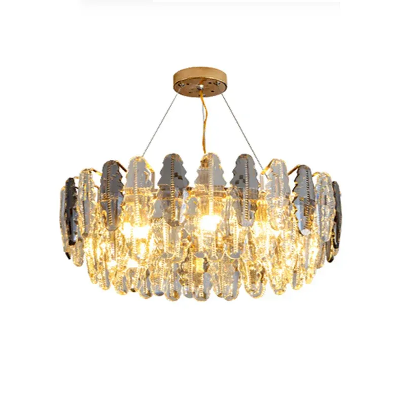 Afralia™ Gold Leaf Crystal Chandelier: Present-day LED Dining Room Ceiling Light Remote Control
