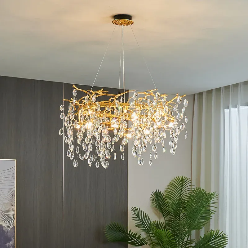 Afralia™ Golden Crystal Tree Chandelier, Sumptuous Matte Aluminum Art Ceiling Light Living Room