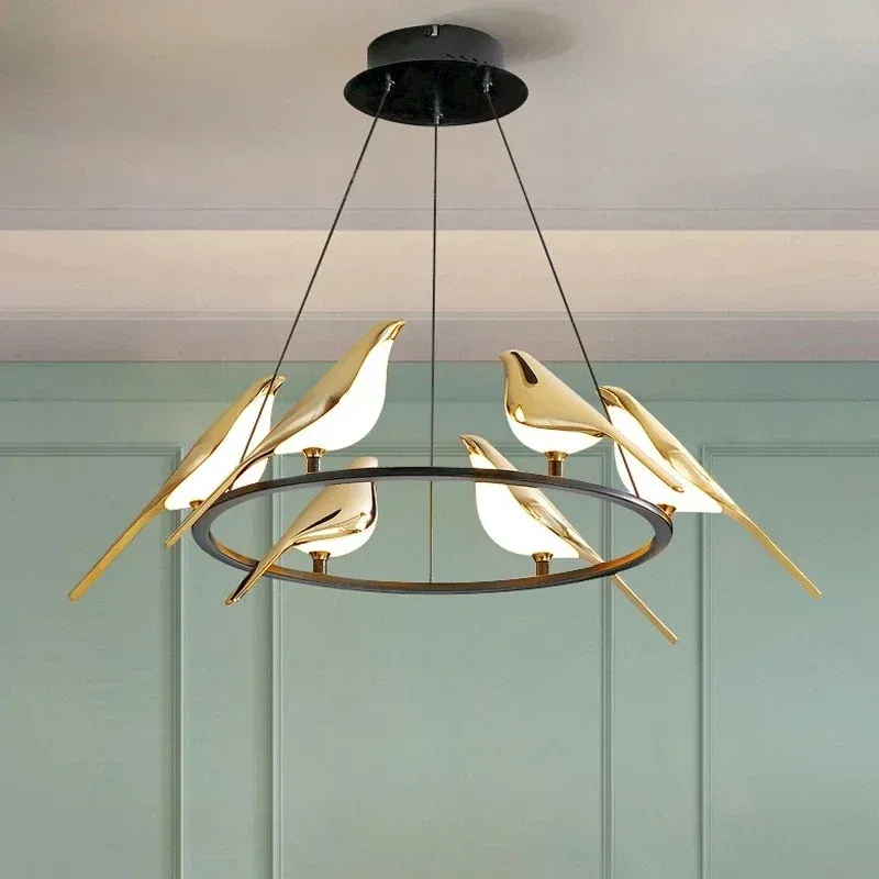 Afralia™ Golden Magpie Bird LED Ceiling Chandelier Dining Room Decor