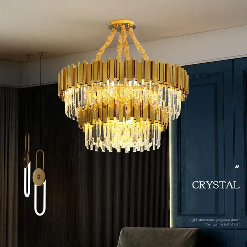 Afralia™ Golden Stainless Steel Crystal Chandelier: Minimalist Round LED Light Dining Room