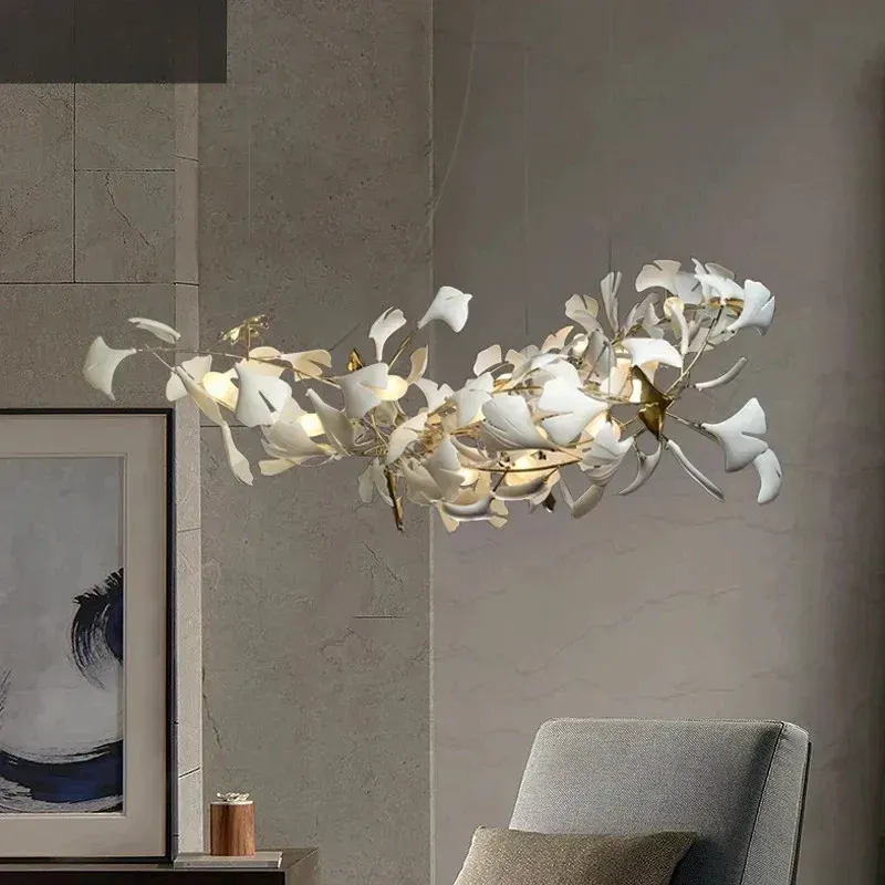Afralia™ Leaf Branch Ceramic Chandelier | Minimalist Golden Lighting Fixture Living Room