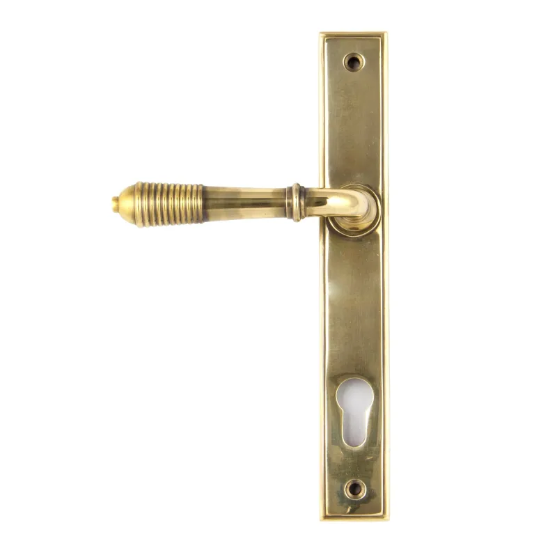 Aged Warm alloy Reeded Slimline Lever Espag. Lock Set | From Anvil