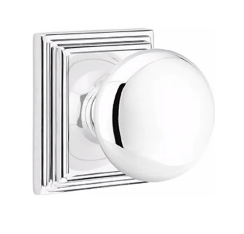 Mortise Lock Round Door Knob "Provence" w/ Square Ridge Rosette Shiny Chrome