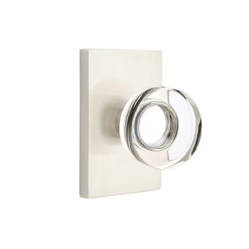 Present-day Disc Crystal Knob Satin Nickel Door Knob w/ Modern Rectangular Rosette Strike Plate