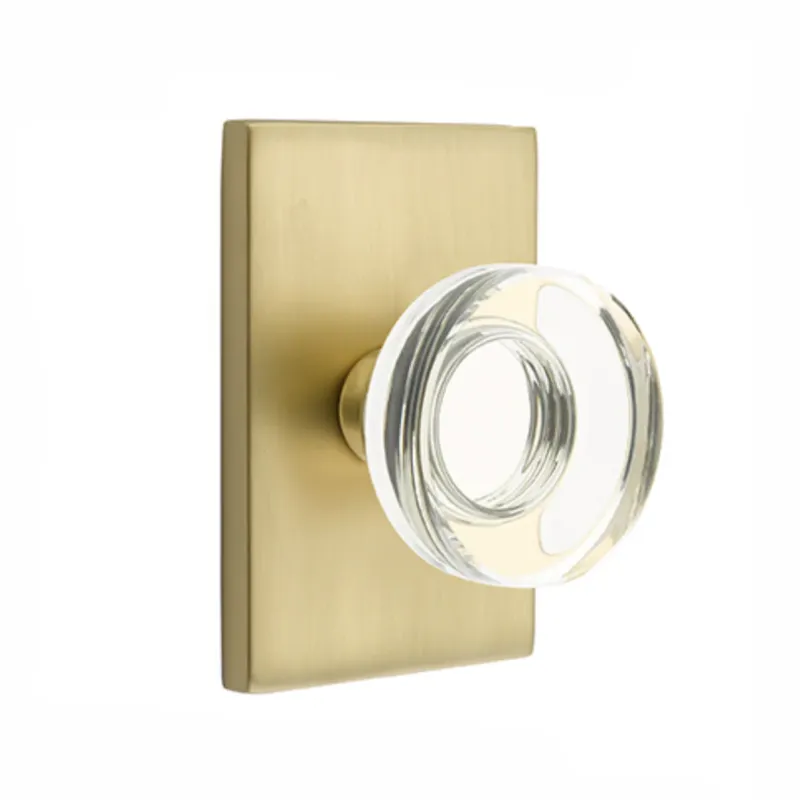 Sleek Disc Crystal Knob Satin Brass Door Knob w/ Modern Rectangular Rosette
