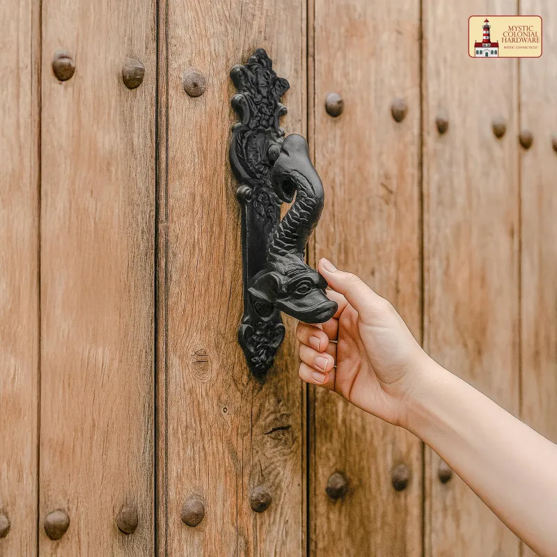 Black Powder Coated Embellished Front Door Artisan Produced Antique Knocker Anti-Corrosion Finish