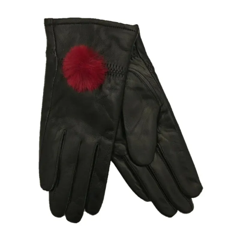 Black Leather Gloves Ruby Faux Fur Pompom
