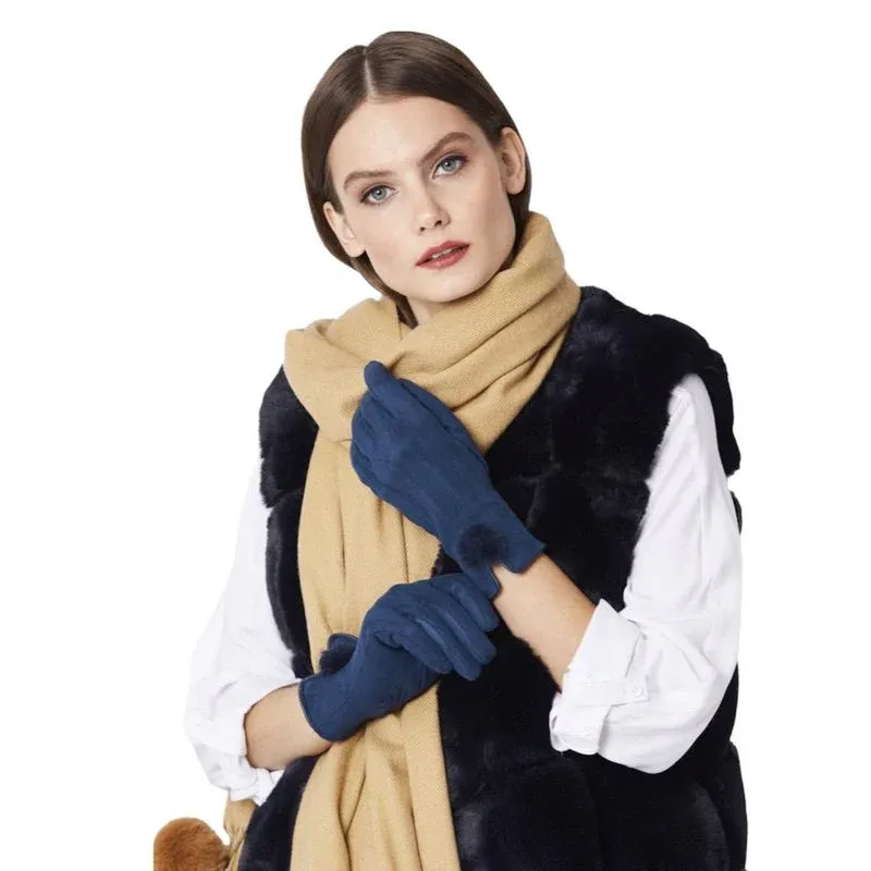 Faux Suede Gloves Faux Fur Pompom Indigo