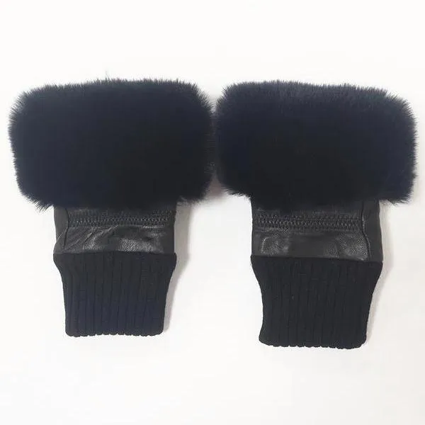 Fingerless Onyx Gloves Navy Blue Faux Fur Trim