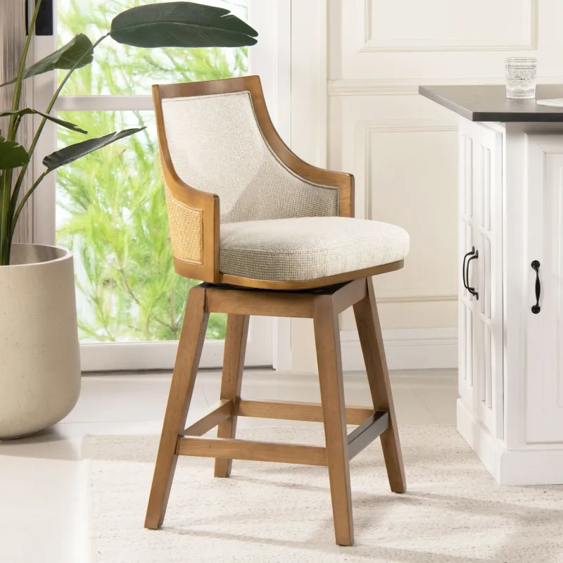 Bahama - Cane High Back Swivel Counter Stool Recessed Arms Textured Weave - Taupe Sand