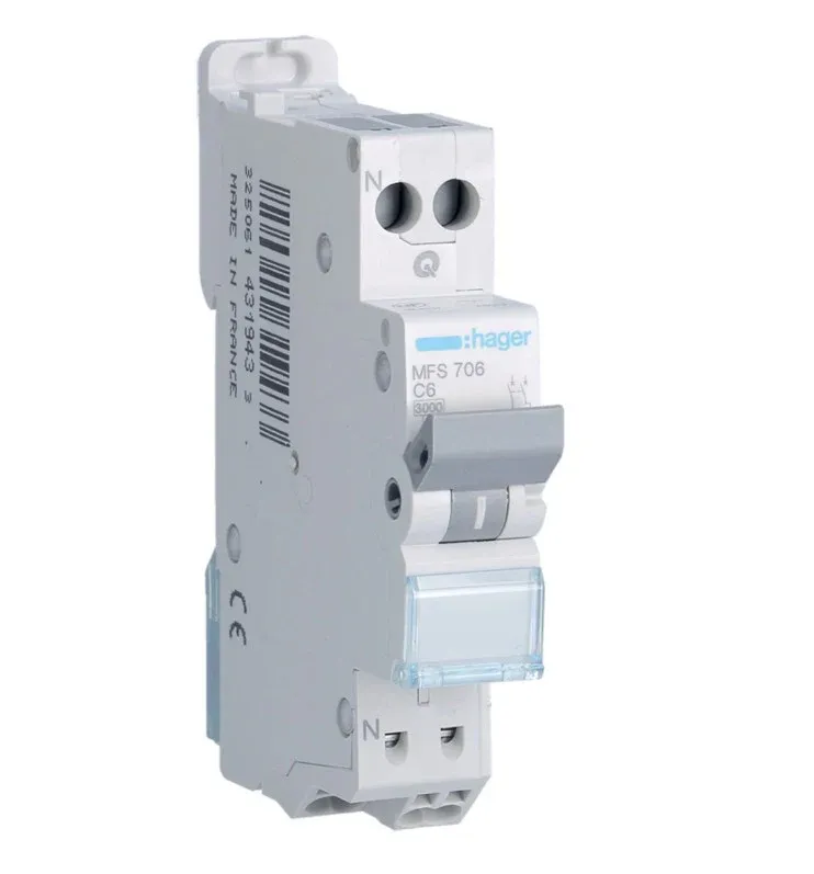 Disjoncteur Phase+Neutre 3kA courbe C 6A SanVis HAGER MFS706