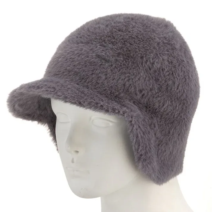 Peaked Faux Fur Ear-warmer Hat Grey