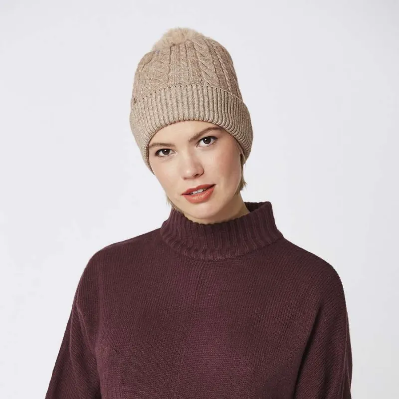 Upmarket Faux Fur Pompom Hat Taupe