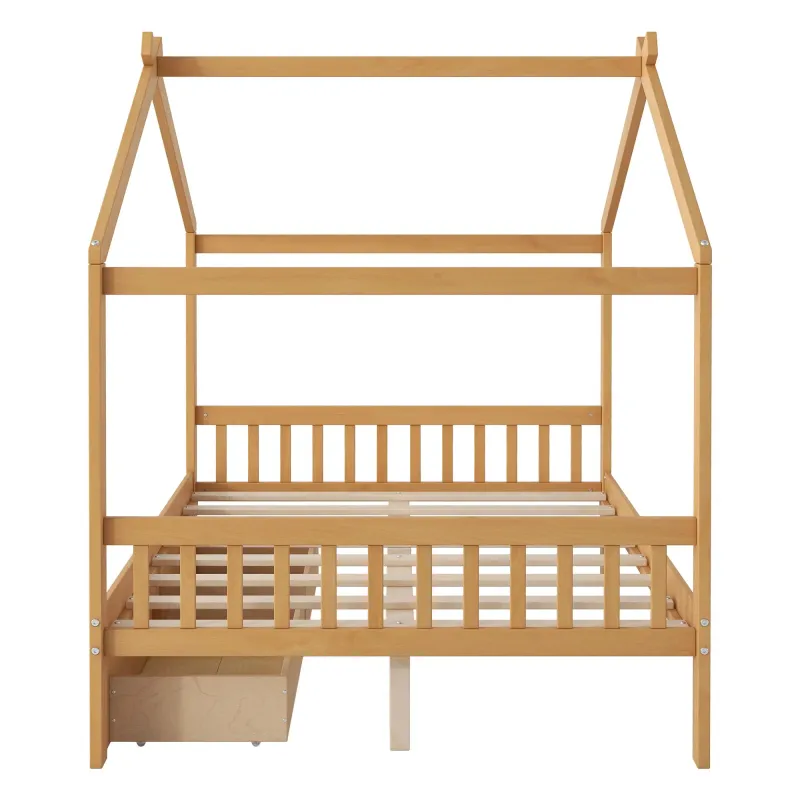 House Style Platform Bed Headboard, Footboard, 2 Drawers, And Roof Design Lifetime Warranty