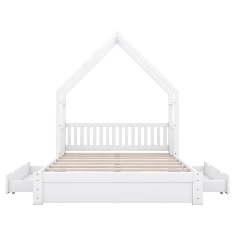 Multi-Drawer House Style Platform Bed Guardrail And 2 Drawers