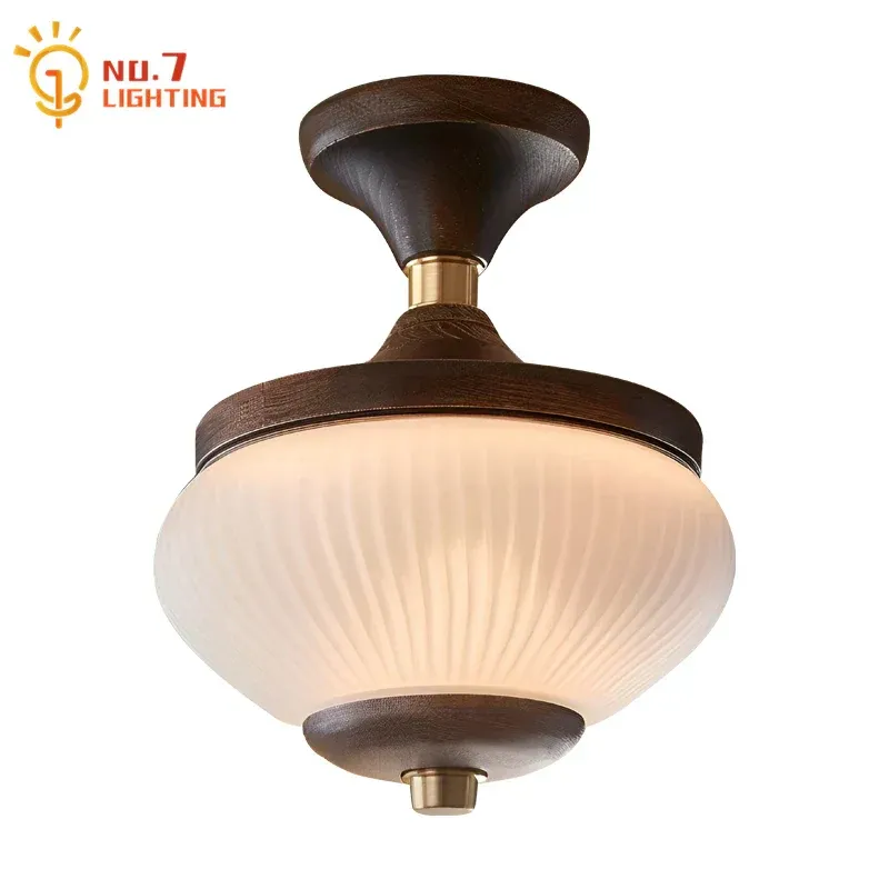 Afralia™ Medieval Pinewood Cone Iron Art Glass Ceiling Lights Retro LED Indoor Lighting