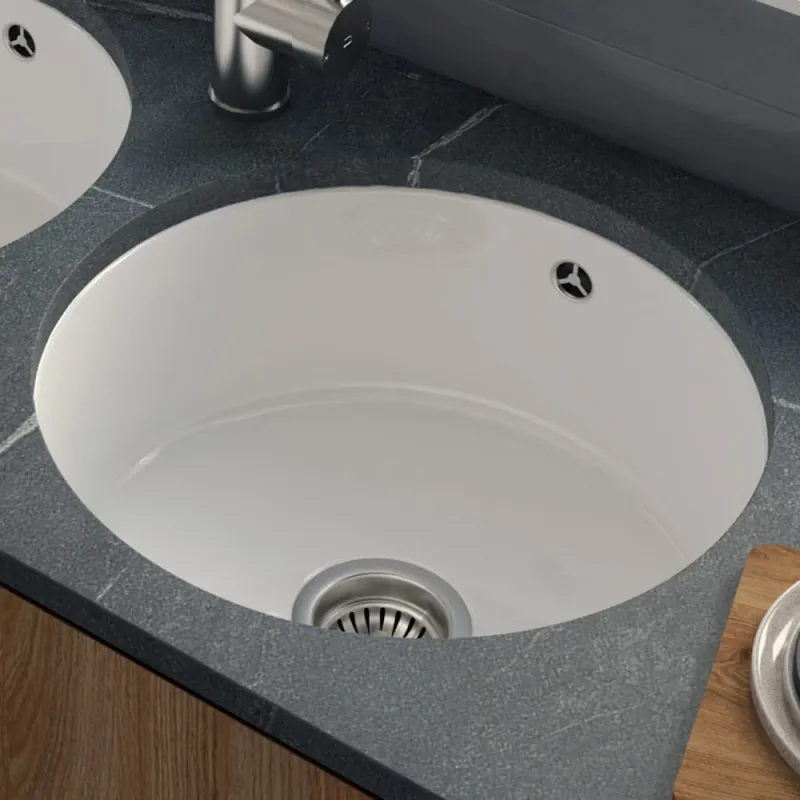 Astini Round Inset/Undermount 460 1.0 Bowl White Porcelain Kitchen Sink Waste & Overflow