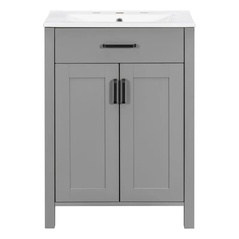 Bathroom Vanity Earthenware Sink, Soft Close Doors, Flip Drawer, Double Layer Door Shelves