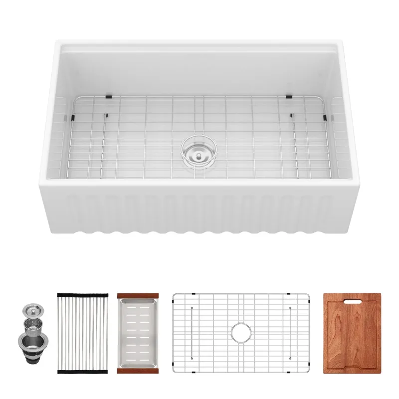 Porcelain Ceramic Farmhouse Sink Workstation Reversible Apron Design - Unitary Bowl