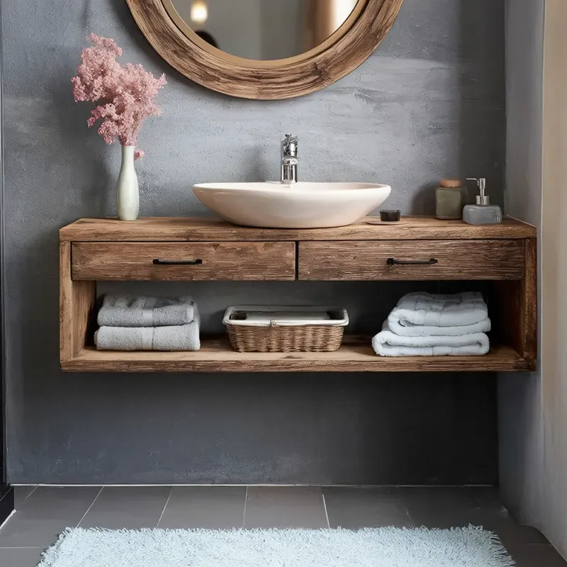 Rustic Floating Wooden Bathroom Vanity Open Storage – Artisanal Solid Wood Design