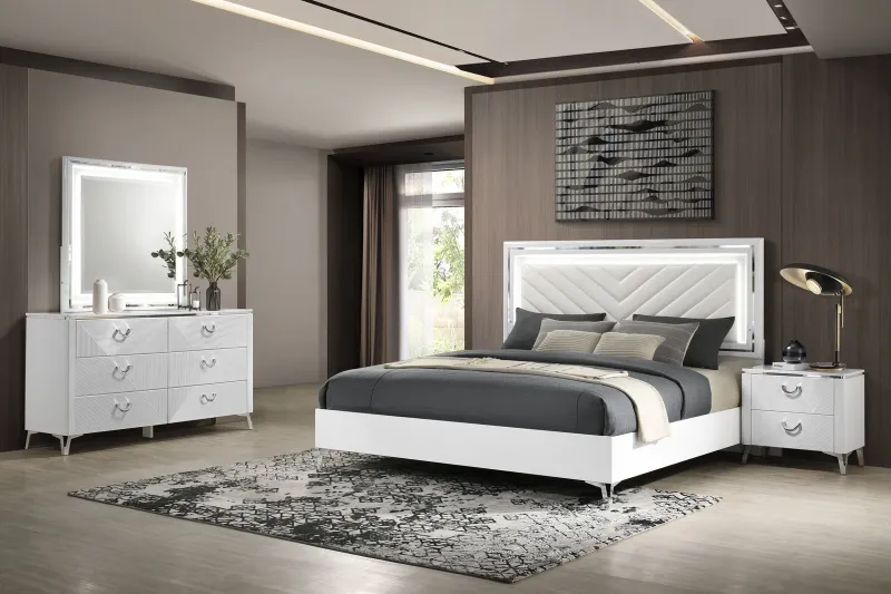 Cassia 4-piece Eastern King LED Bedroom Place White High Gloss