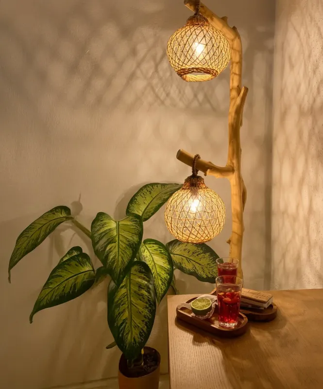 Rustic Wood Floor Lamp – Artisanal Driftwood Tree Branch Light Rattan Lampshade
