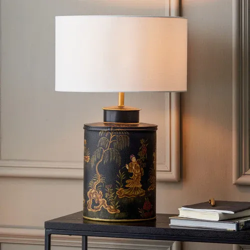 Landscape Black Hand Painted Alloy Table Lamp Ivory Cylinder Shade