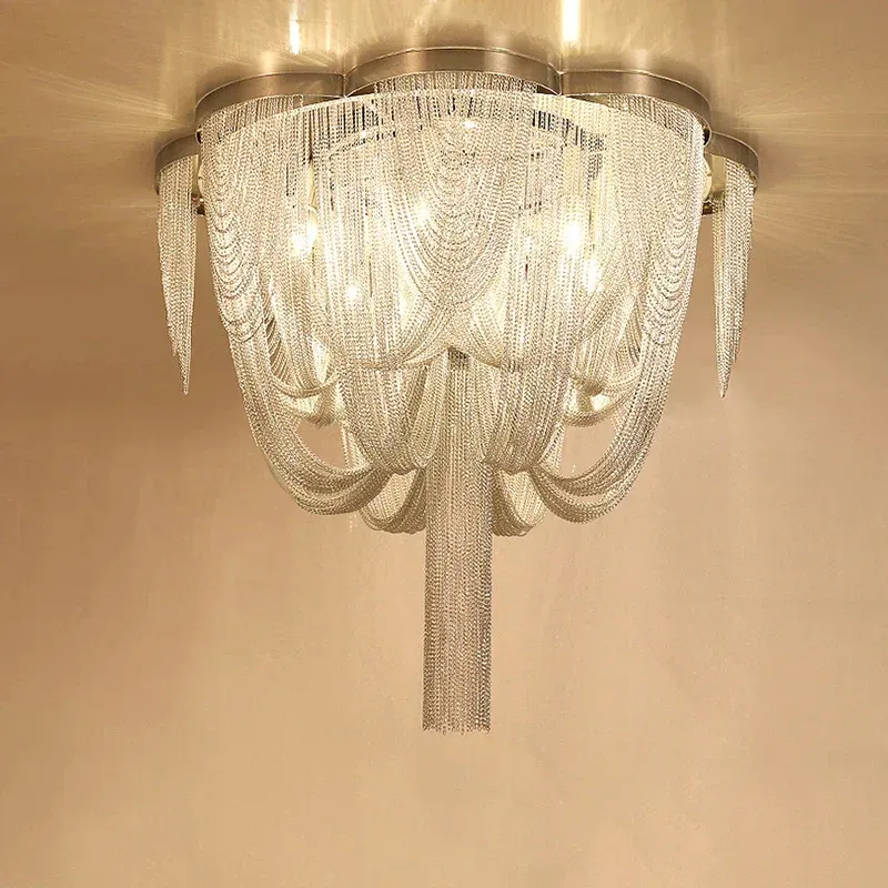 Afralia™ Circular Chrome Chain Pendant Light LED Ceiling Aluminum Living Room Luxe Shiny metal Gloss Light | Damp Rated