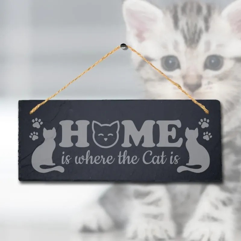 Home Is Where Cat Is Laser Personalized Hanging Slate Pet Ideal Gift Plaque Sign