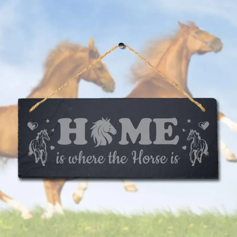 Home Is Where Horse Laser Inscribed Hanging Slate Shed Pet Animal Plaque Sign | Rust-Free Finish