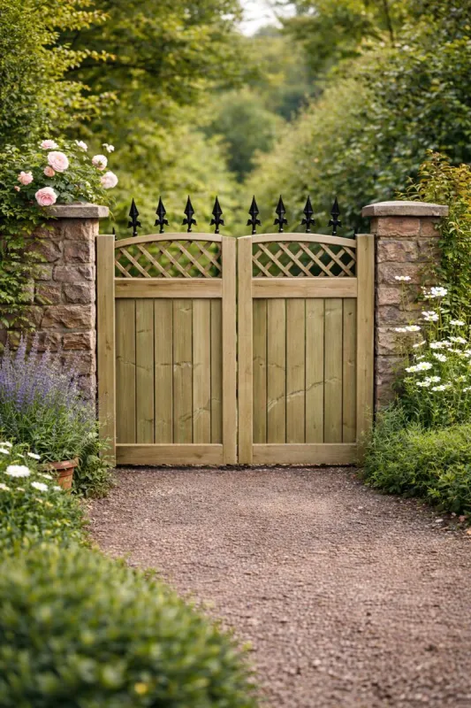Wooden garden Swan Necks driveway gates, garden gates hardwood 4ft, Double Driveway Wooden Garden Gates, Tongue Groove swi...