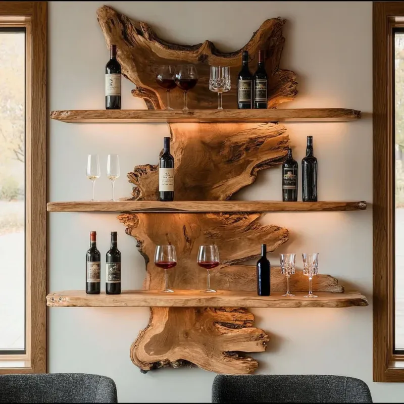 Live Edge Wood Bar Shelf, 3-Tier Floating Bar Shelves, Hand-finished Rustic Wall Bar Display Rack